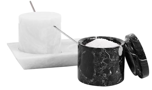 Radicaln Marble Salt Cellar with Lid and Tray 3 Inch Black White Handmade Salt Dish For Kitchen Countertop Ideal Set of 2 Seasoning Jars Table Salt Container For Table - Image 1