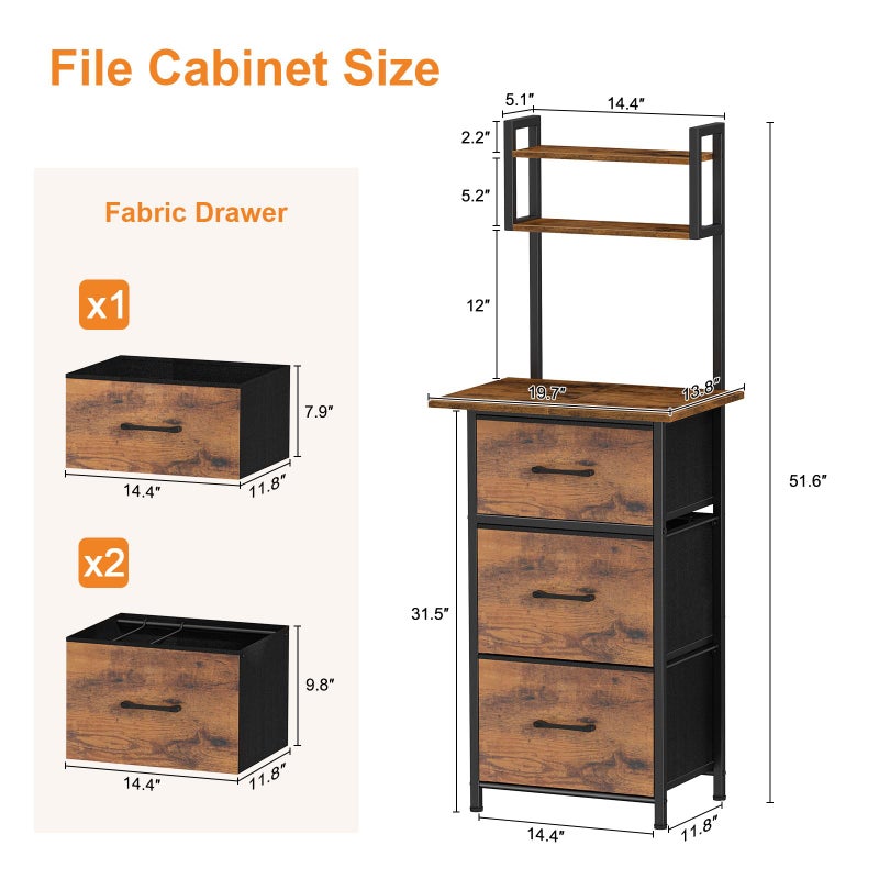 Snughome 3 Drawer Tall File Cabinet with 19.7'' Extended Desktop, 3-Tier Filing Cabinet for Home Office 51.6''H Vertical File Cabinet Printer Stand with Drawers, Fits A4/Letter/Legal,Rustic Brown - Image 3