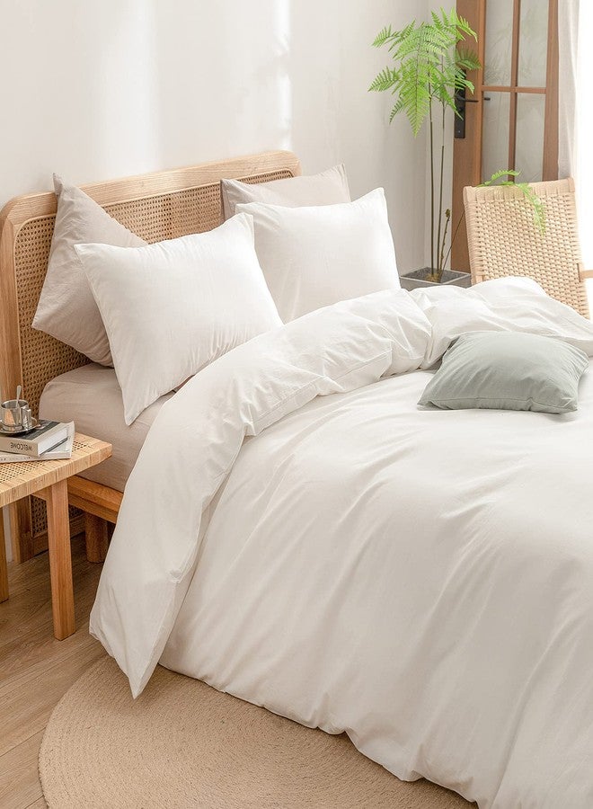 BESTOUCH Duvet Cover Set 100% Washed Cotton Linen Feel Super Soft Comfortable Chic Lightweight 3 PCs Home Bedding Set Solid Off White Super Queen - Image 2