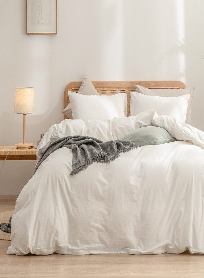 BESTOUCH Duvet Cover Set 100% Washed Cotton Linen Feel Super Soft Comfortable Chic Lightweight 3 PCs Home Bedding Set Solid Off White Super Queen - Image 1