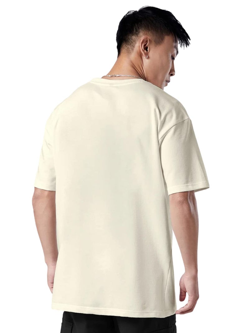 Veirdo White Oversized Cotton Crew Neck T-Shirt with Chest Print for Men - Image 5