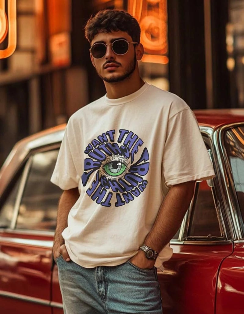Veirdo White Oversized Cotton Crew Neck T-Shirt with Chest Print for Men - Image 2