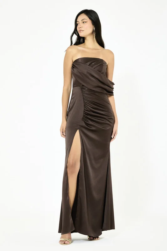 Iyra Asymmetric Ruched Drape Slit Gown