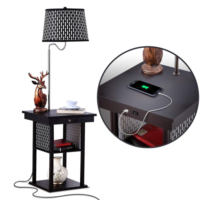 Brightech Madison Side Table with Lamp Combo with LED Bulb Desk Lamp with USB Port Bedside Reading Light Modern End Table with Floor Lamp for Bedroom Living Room Office Black