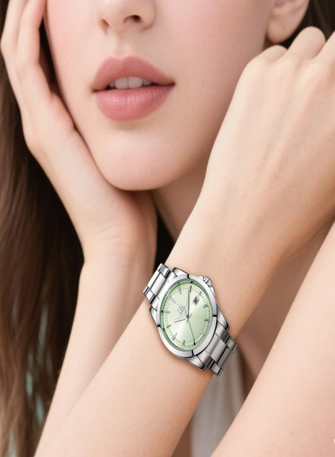 SHENGKE Minimalist Quartz Watches for Women with Date Stainless Steel Strap and Color Dial Fashion, Silver-Green, Bracelet - Image 2