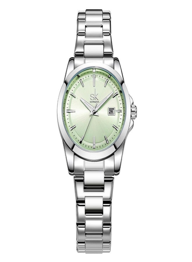 SHENGKE Minimalist Quartz Watches for Women with Date Stainless Steel Strap and Color Dial Fashion, Silver-Green, Bracelet - Image 1