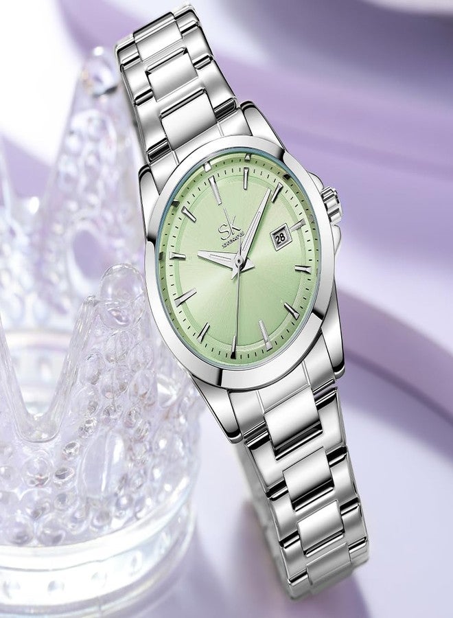 SHENGKE Minimalist Quartz Watches for Women with Date Stainless Steel Strap and Color Dial Fashion, Silver-Green, Bracelet - Image 5