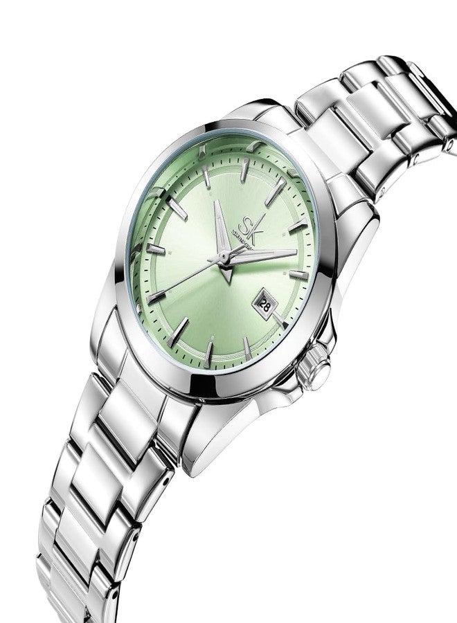 SHENGKE Minimalist Quartz Watches for Women with Date Stainless Steel Strap and Color Dial Fashion, Silver-Green, Bracelet - Image 3