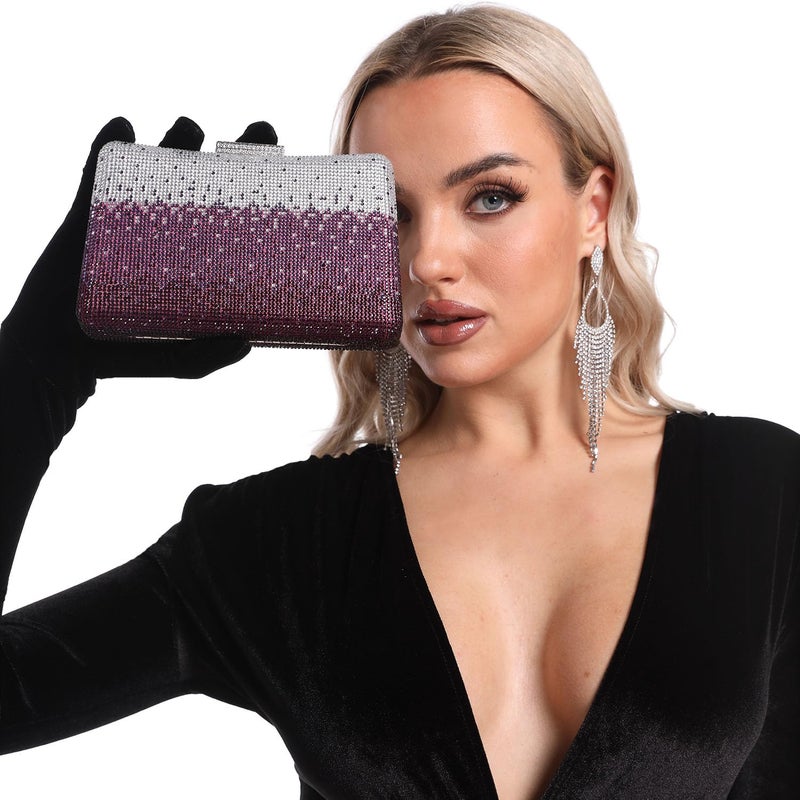Boutique De FGG حقائب مسائية نسائية بتدرج اللون الأرجواني من بوتيك دي FGG، حقيبة كلاش مرصعة بالأحجار الكريمة لحفلات العشاء، حقائب يد مسائية فاخرة - Image 4