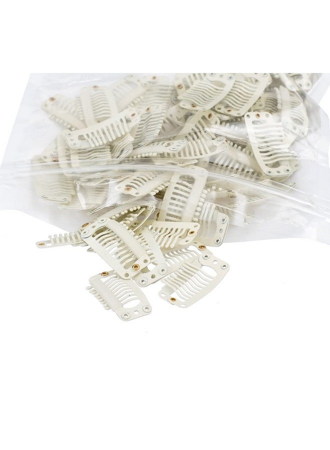 SWACC 100 Pcs U Shape Metailic Snap Clips Ins For Hair Extension Hairpiece Diy Snap-Comb Wig Clips With Rubber (White Beige, 9-Teeth 6 Holes) - Image 1