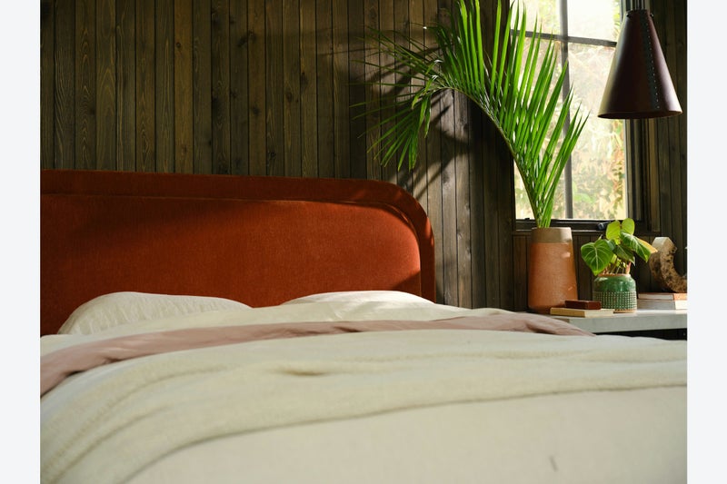 الزخارف للمفروشات سرير لوسي العصري بتنجيد مخملي فاخر باللون البرتقالي الصدئي مع لوح رأس مبطن بحواف دائرية، قماش مخمل ناعم، سرير منخفض فاخر لغرفة النوم، مقاس سوبر كينغ 200 × 200 سم - Image 2