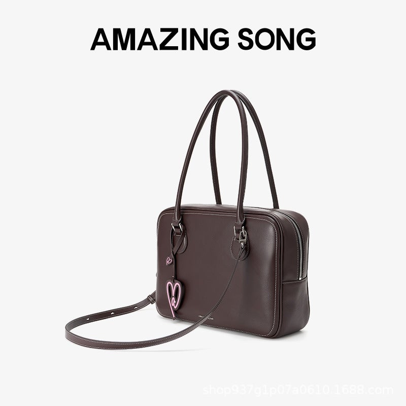 [Ready Stock] Amazing Song Toast Bag Spring and Summer New Cowhide Shoulder Crossbody Hand Bag Pillow Bag Large chocolate color