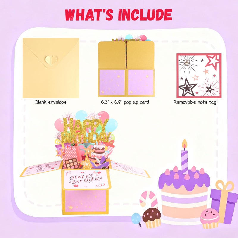 STEFORD Happy Birthday Pop Up Card, Sweet 3D Birthday Gift Box with Envelope for Adults and Kids Unique Handmade Foldable Greeting Cards Special Gifts for Daughter Son Mom Dad Friend - Image 2