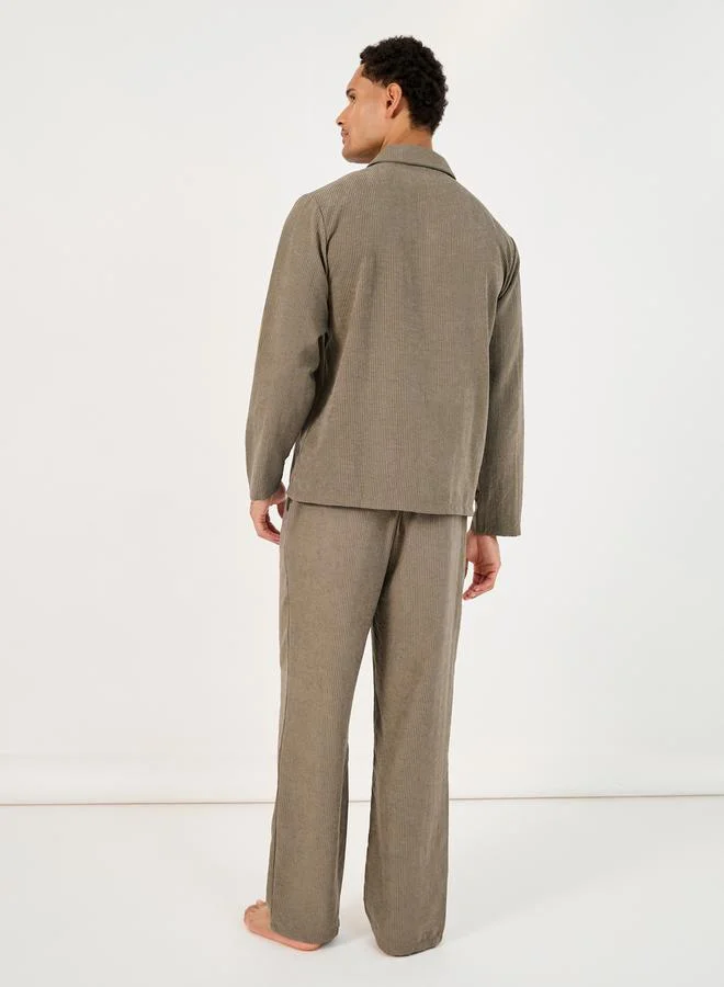 Styli Textured Woven Striped Long Sleeve Shirt & Pyjama Set