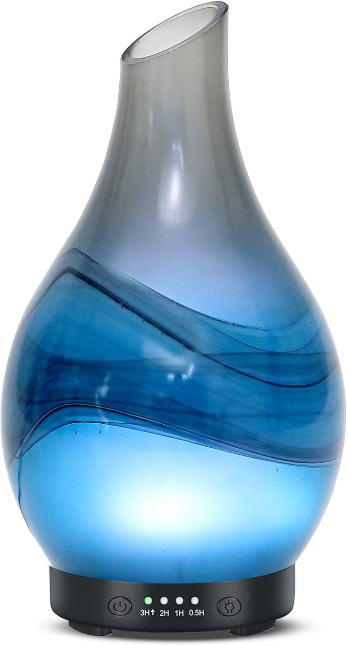 ESSENTIAL OIL DIFFUSERS HANDMADE ART GLASS ULTRASONIC AROMATHERAPY DIFFUSERS WITH 7 COLORS LIGHTS CHANGING, WATERLESS AUTO SHUT-OFF, TIME SETTING FOR HOME, OFFICE, ROOM 120ML