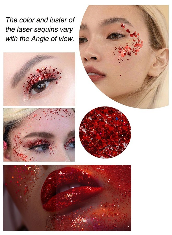 Red Face & Body Glitter Gel, Holographic Sequins Makeup for Eyes, Hair & Nails, Long-Lasting Sparkle for Festivals & Parties - Image 3