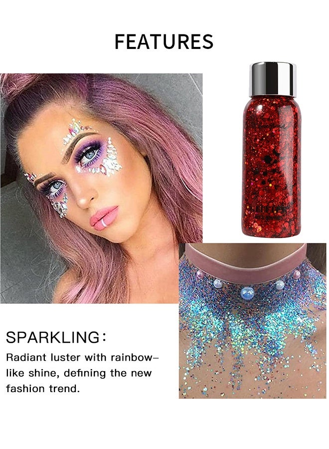 Red Face & Body Glitter Gel, Holographic Sequins Makeup for Eyes, Hair & Nails, Long-Lasting Sparkle for Festivals & Parties - Image 5