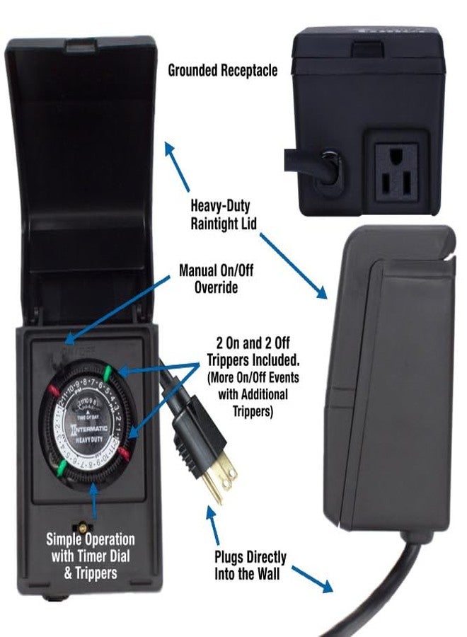 إنترماتيك مؤقت خارجي شديد التحمل من إنترماتيك HB11K - إعدادان للتشغيل/إعدادان للإيقاف، فترات زمنية لا تقل عن 30 دقيقة، غطاء قلاب مقاوم للعوامل الجوية، 15 أمبير/1800 واط، قدرة 1 حصان، سلك بطول 13 بوصة - مثالي لمضخات حمامات السباحة، والإضاءة، والديكورات - Image 3