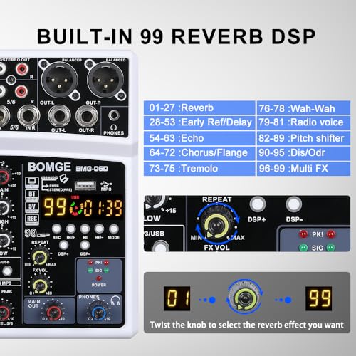 BOMGE 6 Channel Audio Sound Mixer - Professional Digital DJ Mixing Console for Live Streaming, Karaoke and Stereo Recording - With PC Computer Record Playback/Bluetooth/MP3/USB/48V /99 DSP - Image 2