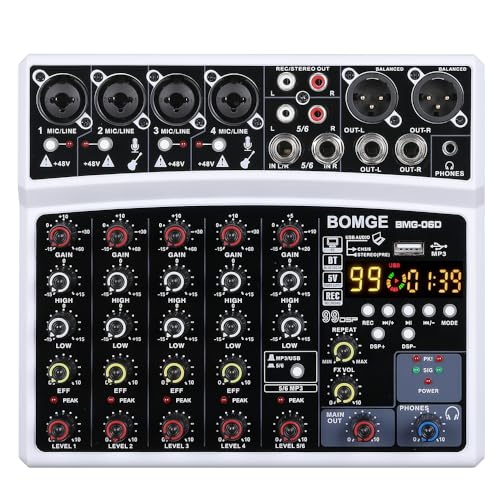 BOMGE 6 Channel Audio Sound Mixer - Professional Digital DJ Mixing Console for Live Streaming, Karaoke and Stereo Recording - With PC Computer Record Playback/Bluetooth/MP3/USB/48V /99 DSP - Image 1