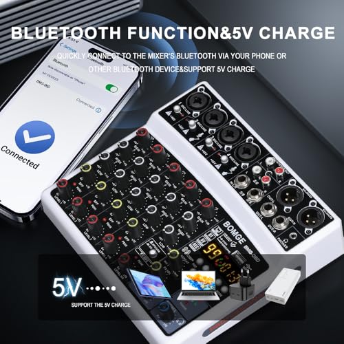 BOMGE 6 Channel Audio Sound Mixer - Professional Digital DJ Mixing Console for Live Streaming, Karaoke and Stereo Recording - With PC Computer Record Playback/Bluetooth/MP3/USB/48V /99 DSP - Image 5