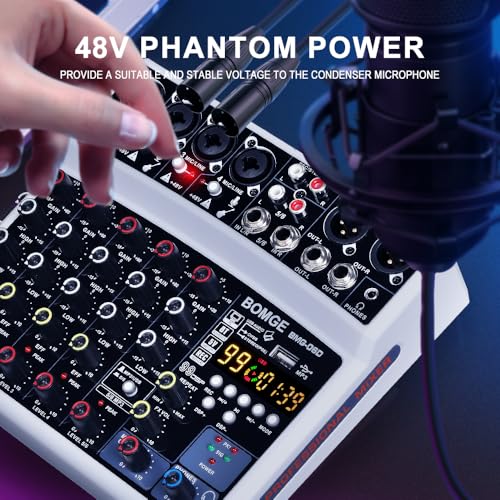 BOMGE 6 Channel Audio Sound Mixer - Professional Digital DJ Mixing Console for Live Streaming, Karaoke and Stereo Recording - With PC Computer Record Playback/Bluetooth/MP3/USB/48V /99 DSP - Image 4