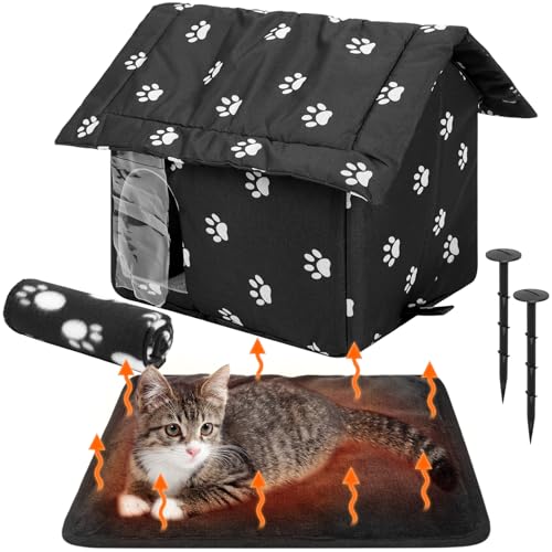 Colingmill 1 Set Outdoor Cat House Weatherproof Feral Pet Shelter for Winter Collapsible Stray Cats Shelter House with Cat Self Warming Pad Blanket Tent Stakes for Outdoor Indoor Pets Small - Image 1