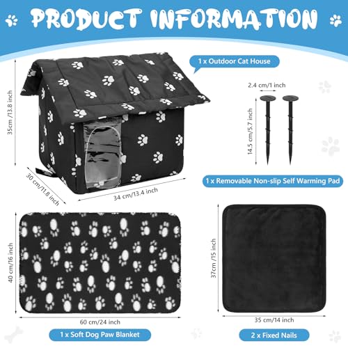 Colingmill 1 Set Outdoor Cat House Weatherproof Feral Pet Shelter for Winter Collapsible Stray Cats Shelter House with Cat Self Warming Pad Blanket Tent Stakes for Outdoor Indoor Pets Small - Image 3