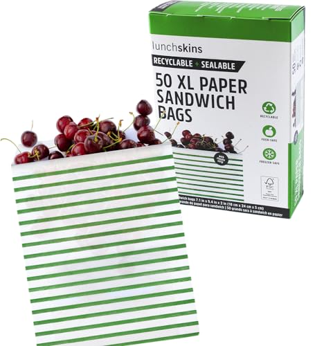 Lunchskins Recyclable & Sealable XL Sandwich Bags – 50 Count | Stripe Design | Eco-Friendly Food Storage Bags Made from Grease-Resistant Glassine Paper with Self-Adhesive Closure - Image 1