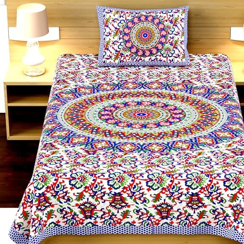 RajasthaniKart® Comfort Rajasthani Jaipuri Traditional Sanganeri Print 144 TC 100% Cotton Single Bedsheet with 1 Pillow Covers (Single, Blue) - Image 3