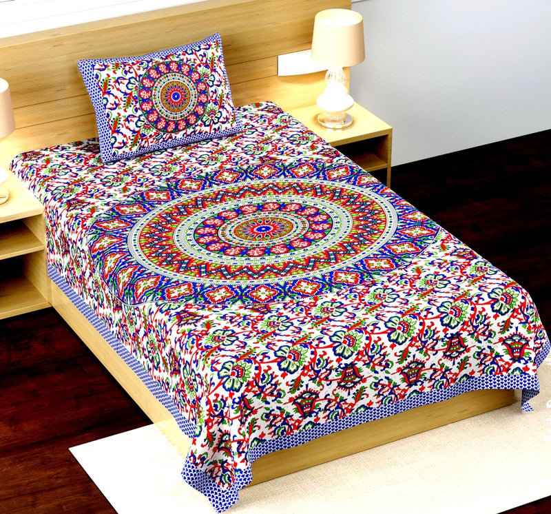 RajasthaniKart® Comfort Rajasthani Jaipuri Traditional Sanganeri Print 144 TC 100% Cotton Single Bedsheet with 1 Pillow Covers (Single, Blue) - Image 1