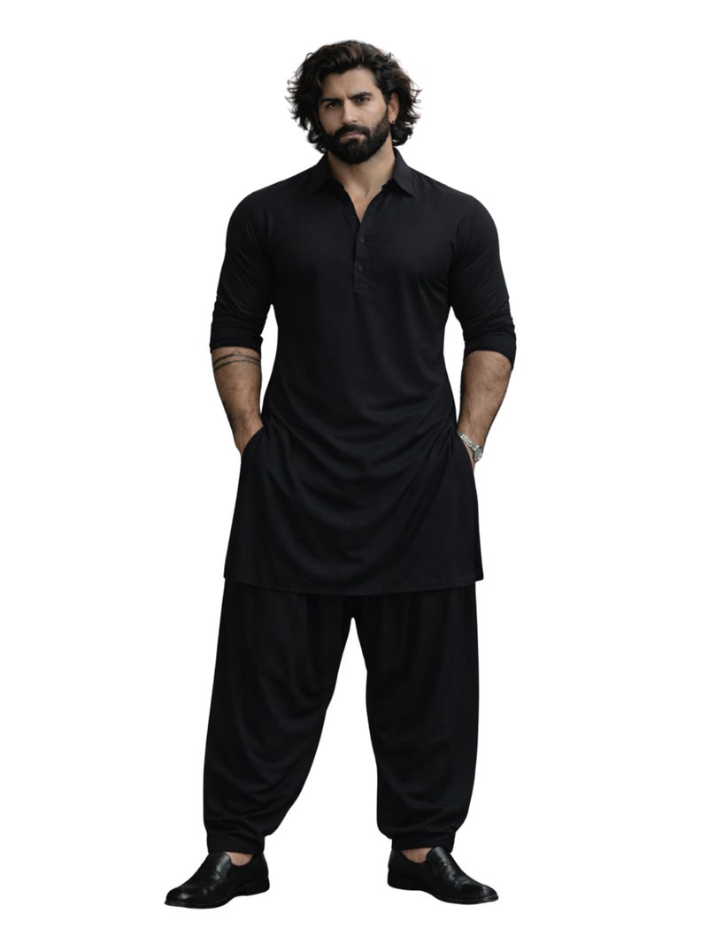 VASTRAMAY Men's Black Viscose Pathani Kurta Set, Traditional Pathani Khan Suit Set in Soft Comfortable Feel Viscose Fabric, and Salwar Patiala Pyjama (VASMPT598BLnPTY1BL_38) - Image 1