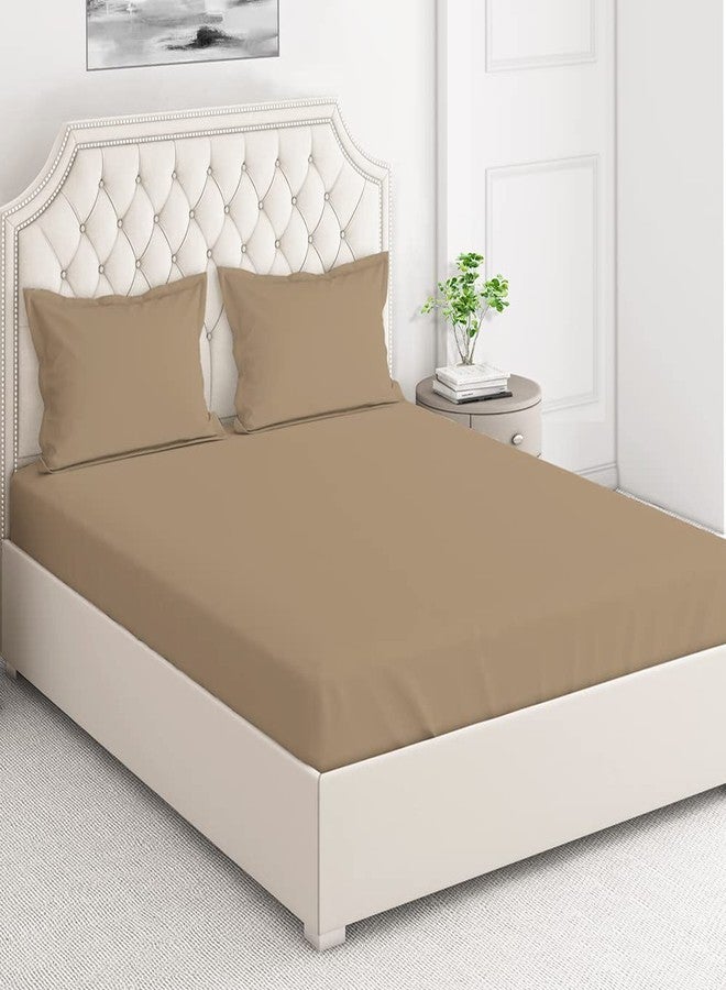 Layers ملاءة سرير قطنية 100%، 144 خيط، بمطاط، مناسبة لسرير مزدوج أو سرير كينج، مع غطاءين للوسائد (بيج، بنقشة سادة)، مطاط محيطي، ماصة للرطوبة، مريحة في جميع الفصول - مجموعة بي بولد - Image 2