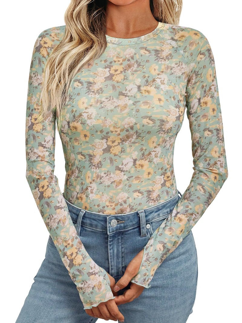 Dealmore Womens Mesh Sheer Lace Going Out Slim Fitted See Through Tops Spring Fashion Clothes 2026 Outfits Green 2XL - Image 1