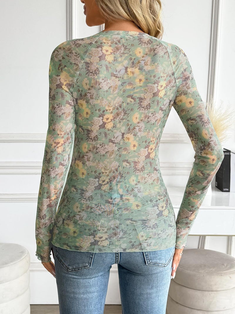 Dealmore Womens Mesh Sheer Lace Going Out Slim Fitted See Through Tops Spring Fashion Clothes 2026 Outfits Green 2XL - Image 4