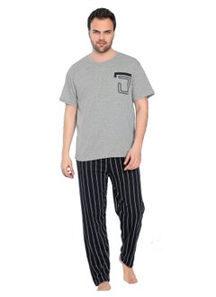 Ayans Turkish Cotton T-Shirt and Pants Pyjama Set Homewear Loungewear Grey/Dark Navy  - Image 1