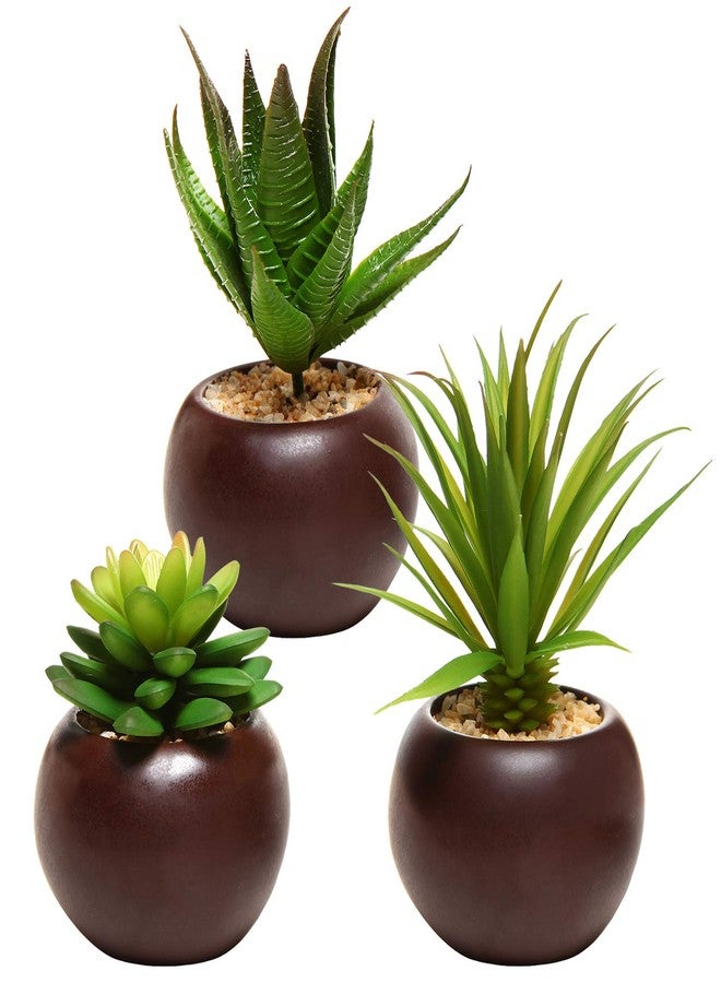 MyGift Succulents Plants Artificial, Fake Faux Indoor House Plants in Round Brown Ceramic Pots, Set of 3 - Image 1