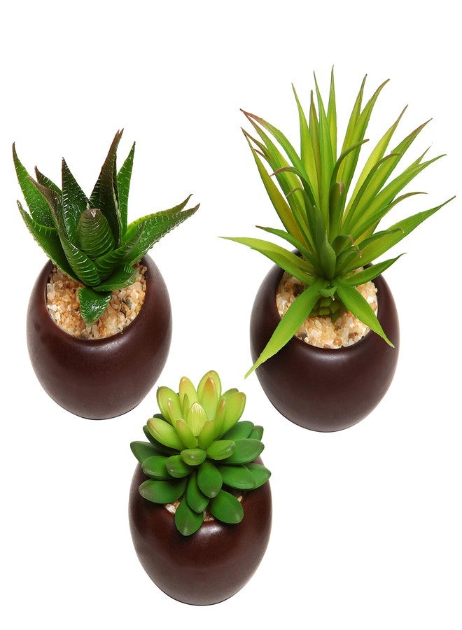 MyGift Succulents Plants Artificial, Fake Faux Indoor House Plants in Round Brown Ceramic Pots, Set of 3 - Image 5