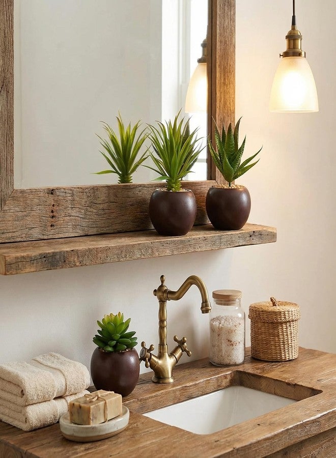 MyGift Succulents Plants Artificial, Fake Faux Indoor House Plants in Round Brown Ceramic Pots, Set of 3 - Image 4