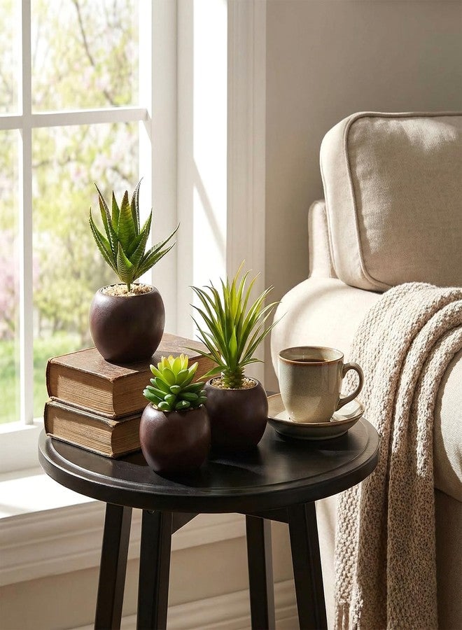 MyGift Succulents Plants Artificial, Fake Faux Indoor House Plants in Round Brown Ceramic Pots, Set of 3 - Image 2