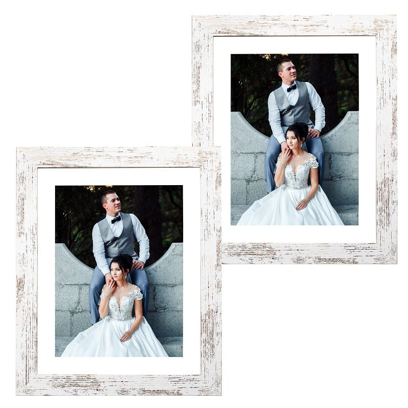 Capcillin 8x10 Picture Frame Wood Patten Distressed White Set of 2 Each Frame with MatDisplay 8x10 Picture Without mat or 5x7 Photos with Mat Wall Decor Table TopCP001MD8x10RW