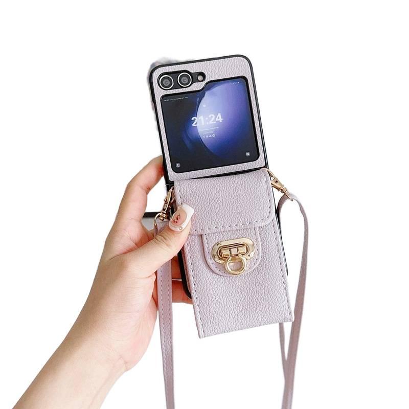 غطاء واقي بPC لـ Samsung Galaxy Z Flip 5 باللون بنفسجي مع حماية من السقوط وحبل تعليق مع مقاوم للصدمات مع حامل بطاقات مع مقاوم للخدش للاستخدام الداخلي للرحلات اليومية أثناء التنقل - Image 1