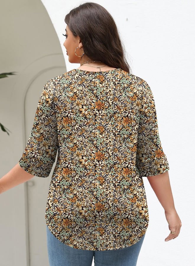 TFSDOD Plus Size Tops for Women V Neck T Shirt 3/4 Length Sleeve Blouse Dressy Casual Tee Loose Fit XL-5X, Black Daisy, XL - Image 3