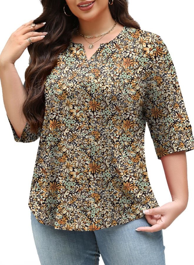 TFSDOD Plus Size Tops for Women V Neck T Shirt 3/4 Length Sleeve Blouse Dressy Casual Tee Loose Fit XL-5X, Black Daisy, XL - Image 2