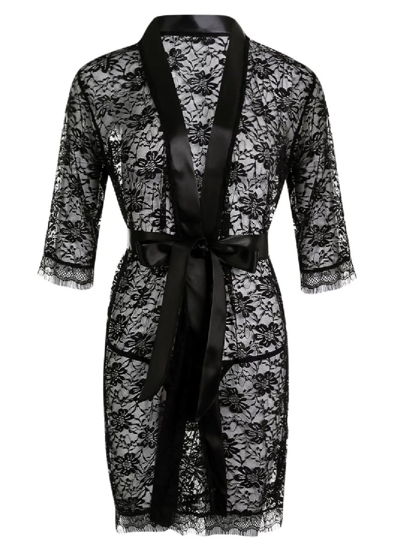 VITION ملابس داخلية للبنات والنساء - بيبي دول - ملابس نوم - ملابس داخلية - معطف دانتيل - شورتات - ملابس ليلية - فستان نوم - شبكة - ماكسي - ملابس مريحة - مجموعة ملابس نوم (XL) - أسود - Image 1