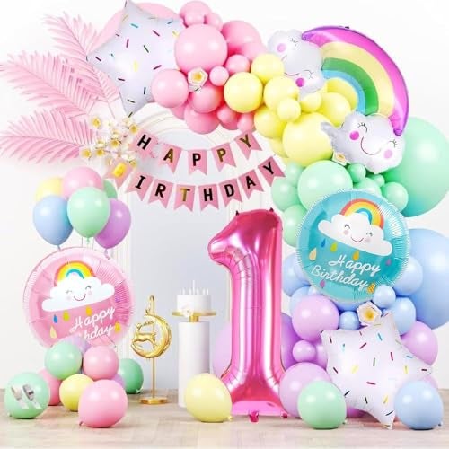 Pop The Party 59-Piece Pastel Rainbow Balloon Arch Garland Kit – Birthday Balloons with Happy Birthday Banner, Arch & Glue Dots for 1st Birthday Decoration - Image 1