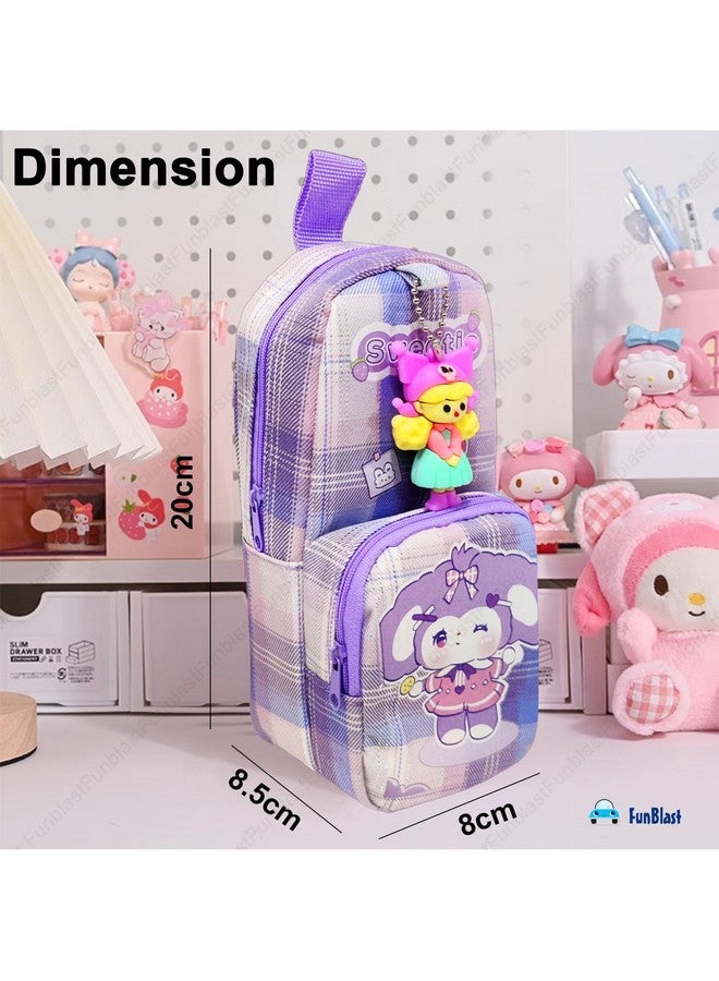 FunBlast Pencil Case for Girls, Large Capacity Hangable Double Layer Soft Fabric Pencil Case with Cartoon Figure for Girls, Kawaii Pencil Case, Aesthetic Pouch (Purple) - Image 3
