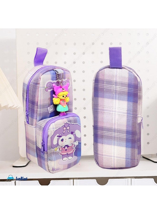 FunBlast Pencil Case for Girls, Large Capacity Hangable Double Layer Soft Fabric Pencil Case with Cartoon Figure for Girls, Kawaii Pencil Case, Aesthetic Pouch (Purple) - Image 2