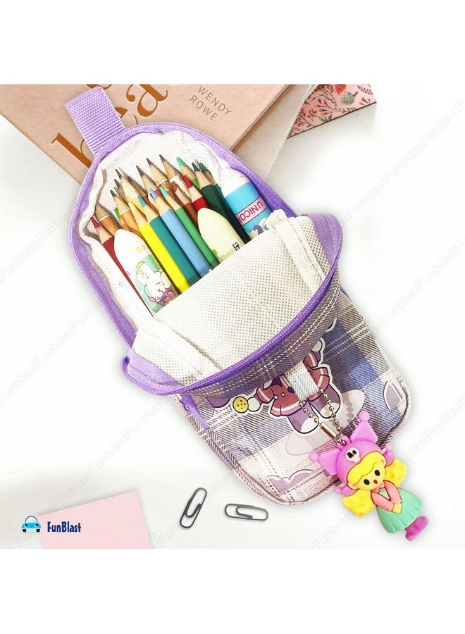 FunBlast Pencil Case for Girls, Large Capacity Hangable Double Layer Soft Fabric Pencil Case with Cartoon Figure for Girls, Kawaii Pencil Case, Aesthetic Pouch (Purple) - Image 4