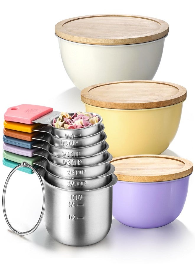 Turewin Magnetic Measuring Cups Set Includes 7 Stainless Steel Magnetic Measuring Cups and 3 Mixing Bowls with Wooden Lids Kitchen Measuring Tools for Cooking or Baking - Image 1